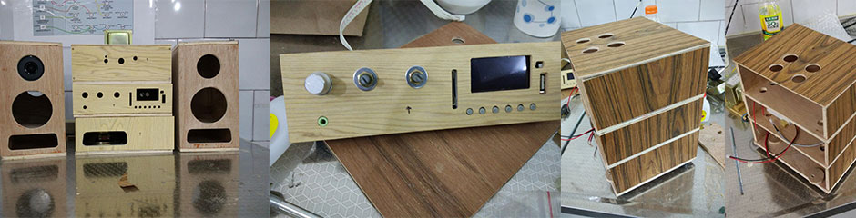 Front panel with MP3 module, volume, bass and treble control knobs installed in DIY amplifier