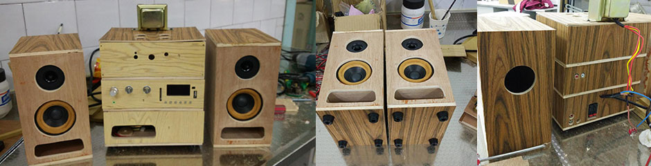 Final installation of speakers, tubes, power supply, and wood veneer finish on custom amplifier